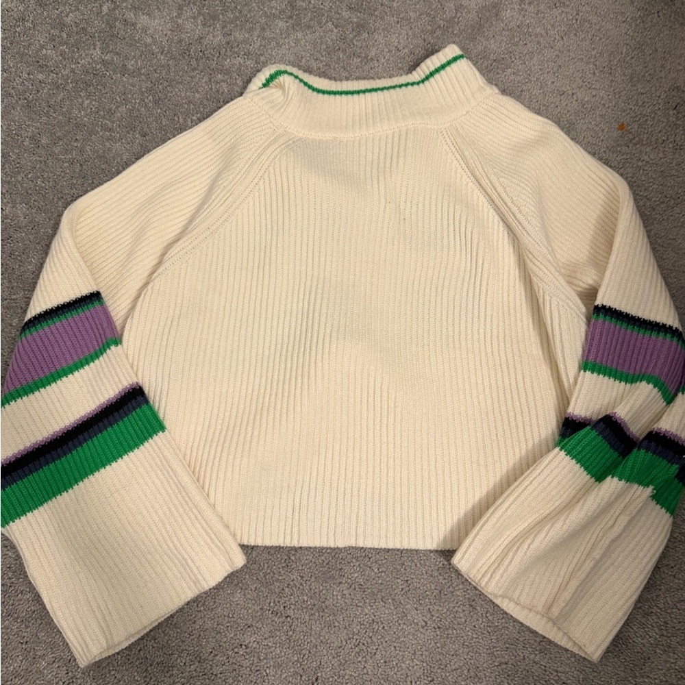 Free People Cream Cropped Turtleneck Sweater with Green & Purple Stripes - Picture 4 of 5